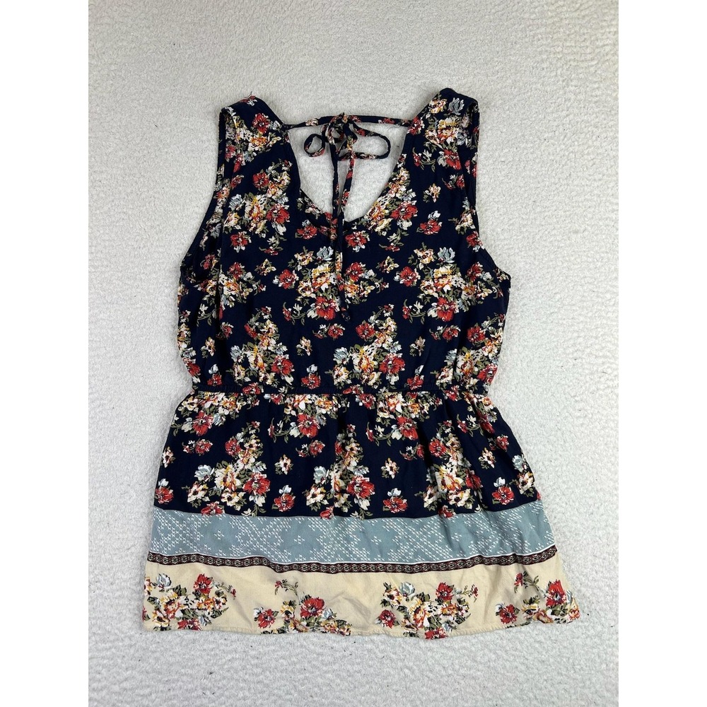 Alya Tank Top Womens Small Blue Floral V Neck Tie Back Boho Rayon Sleeveless - Picture 2 of 10